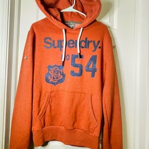 Superdry Orange Hoodie Men’s Size L 54 Graphic Pullover Soft Fleece Lined